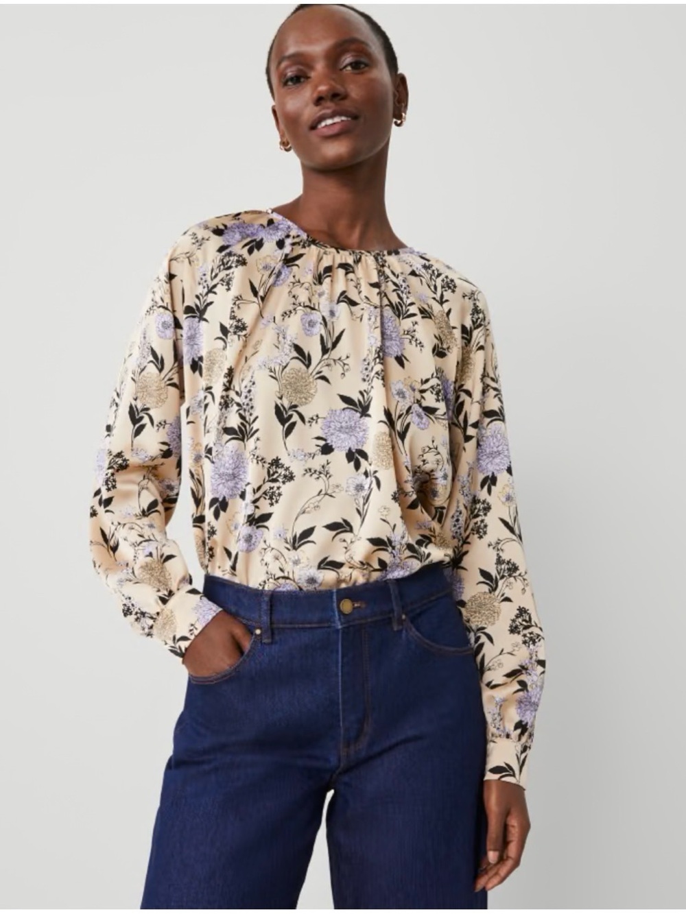 NWT Ann Taylor Floral Gathered-Neck Long-Sleeve Shirred Raglan Blouse Top